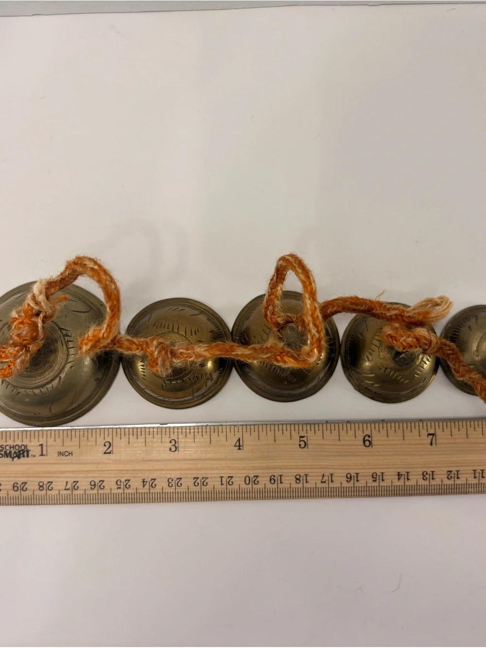 🔔 Vintage Graduated Brass Bells on Rope Garland – Rustic Temple Cow Bells – 24